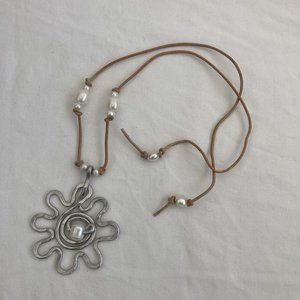 Hammered Aluminum Flower Necklace with White Freshwater Pearls by Meigsart